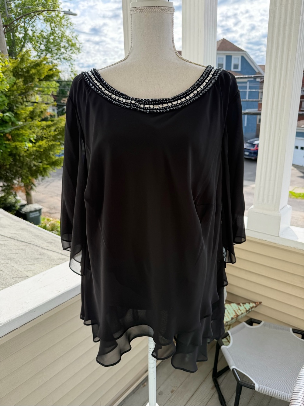 Alex Evenings Black Sheer Layered Top with Beaded Necklace Accent Size 3X (NWT)